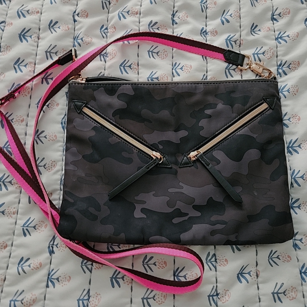 Stella & Dot Camouflage Crossbody Bag with Pink Strap.  Excellent Used Condition